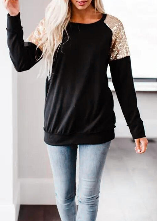 

Blouses Sequined Splicing O-Neck Blouse - Black. Size