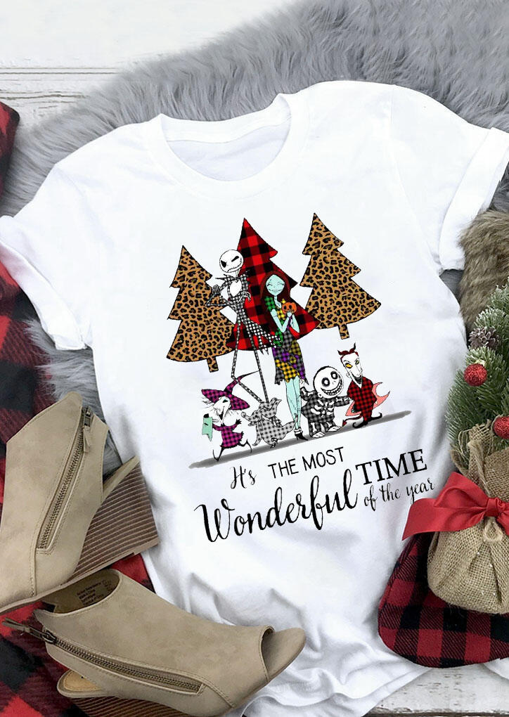 

Plaid Leopard Printed Christmas Tree T-Shirt Tee - White, 459622