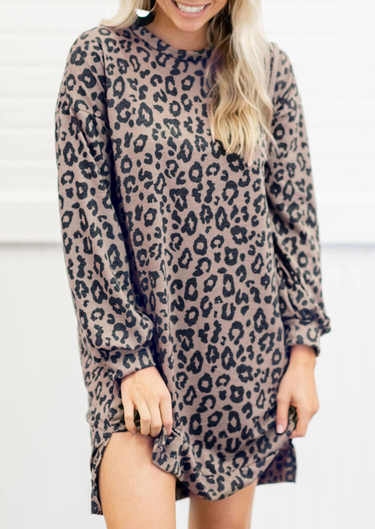 

Mini Dresses Leopard Printed Slit Long Sleeve Mini Dress. Size: ,M