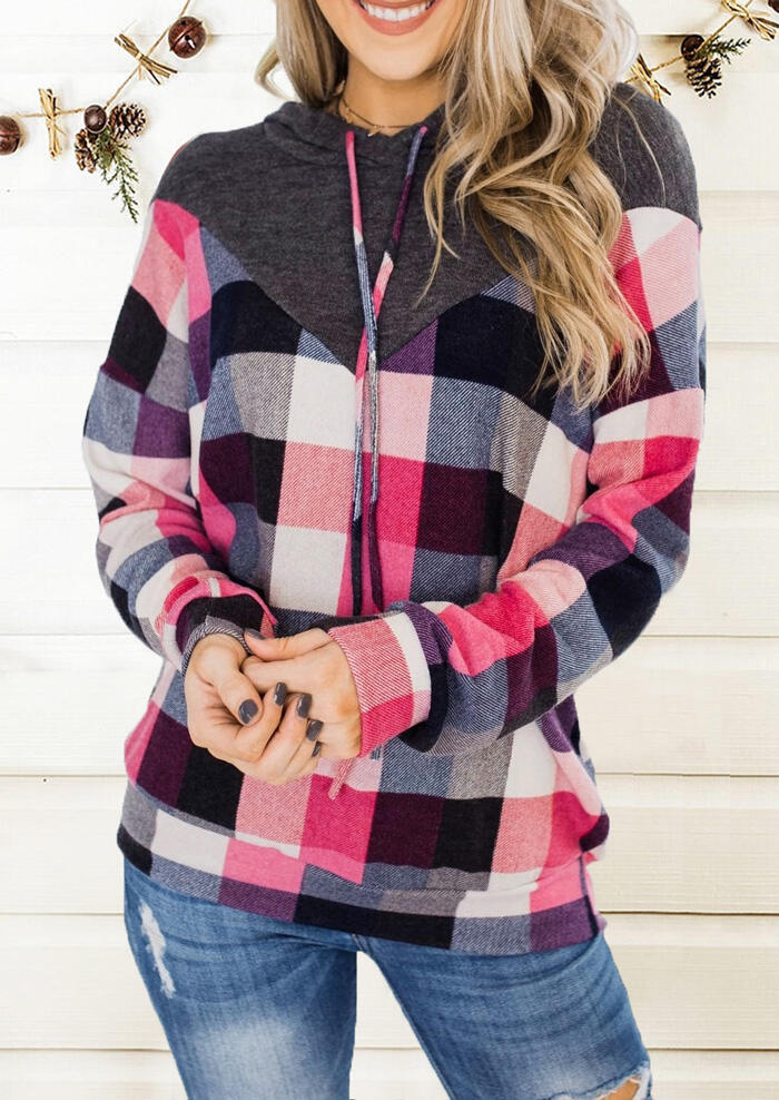 

Plaid Splicing Drawstring Hoodie without Necklace, 459631