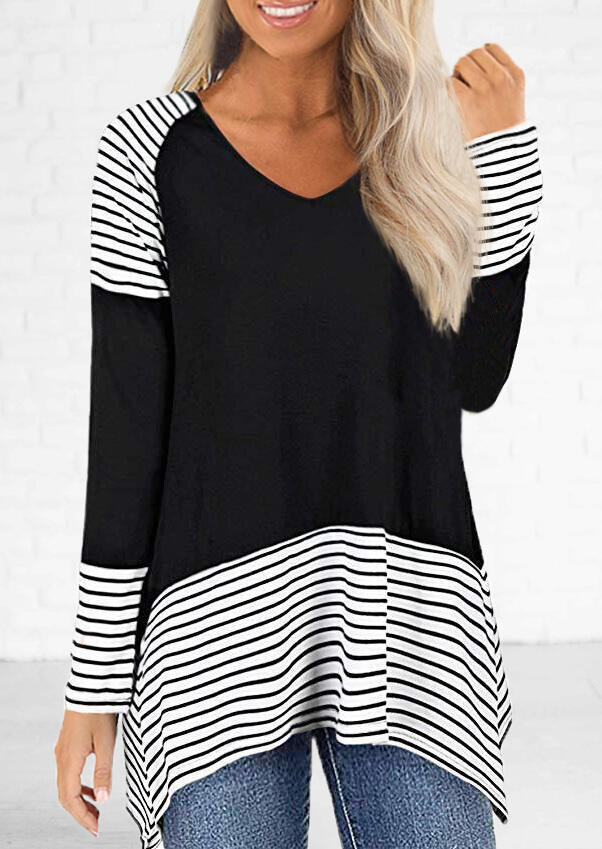 

White Black Striped Patchwork Black Color Block V-Neck Long Sleeves Blouse - Black