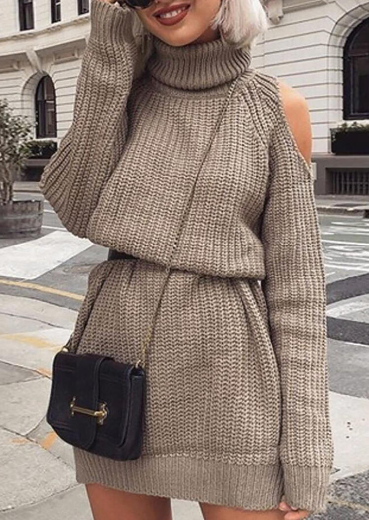 

Solid Knitted Turtleneck Cold Shoulder Mini Dress - Light Brown, 459600