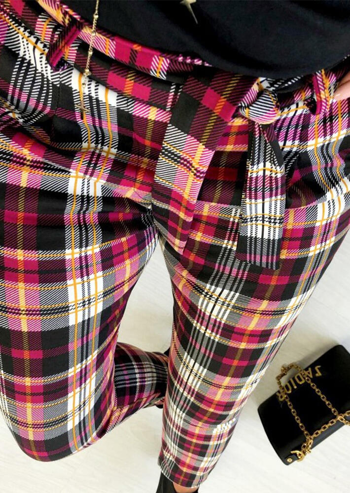 

Plaid Printed Pocket Leggings with Belt, 459619