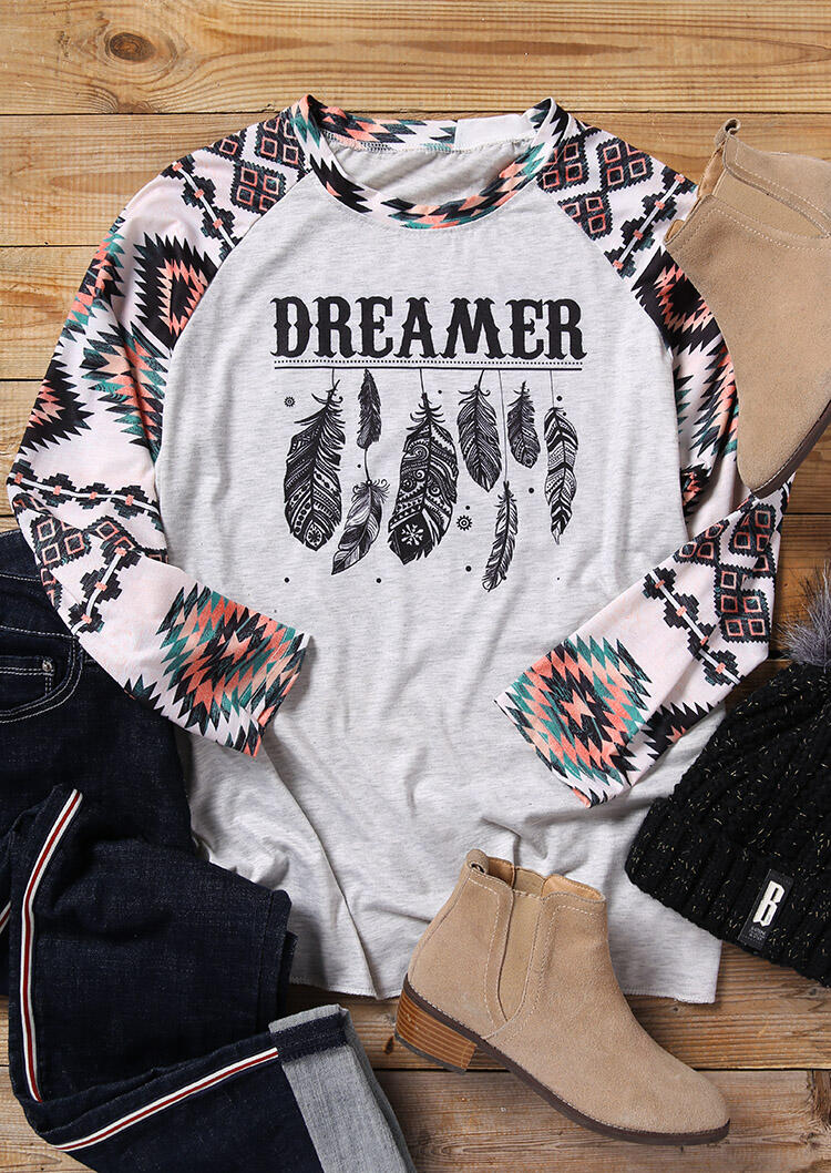 

Tees T-shirts Dreamer Feathers Aztec Geometric Printed T-Shirt Tee - White. Size: S,M,,XL