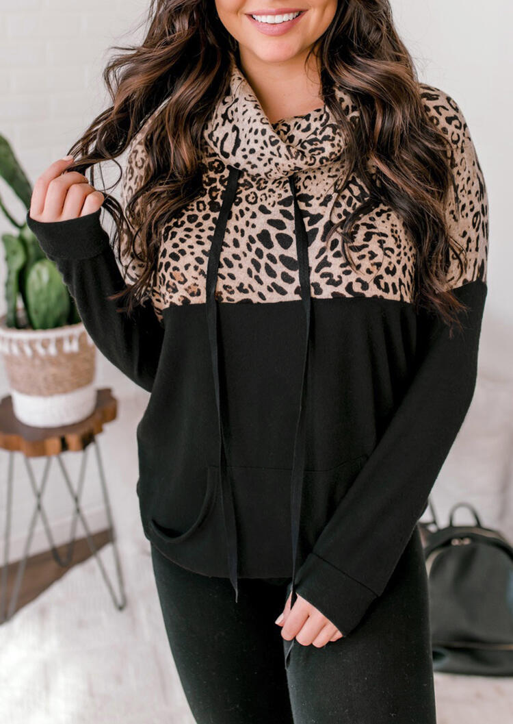 

Blouses Leopard Printed Splicing Kangaroo Pocket Drawstring Blouse in Leopard. Size