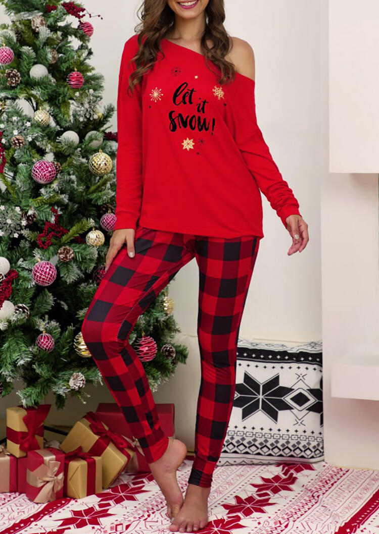 Sleepwear Let It Snow Blouse and Plaid Printed Leggings Pajamas Set in Red. Size: L,M,S,XL