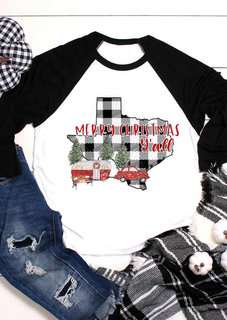 

Merry Christmas Y'all Plaid Printed Splicing Texas Map T-Shirt Tee - White, 459738