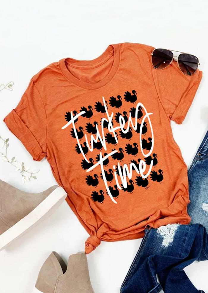 

Tees T-shirts Thanksgiving Turkey Time O-Neck T-Shirt Tee in Orange. Size