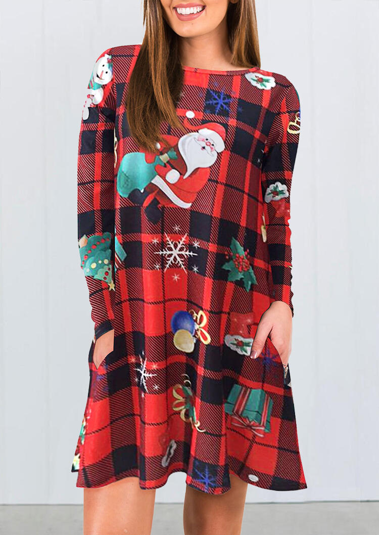 

Mini Dresses Plaid Printed Christmas Santa Snowflake Pocket Mini Dress - Red. Size: S,M,,XL