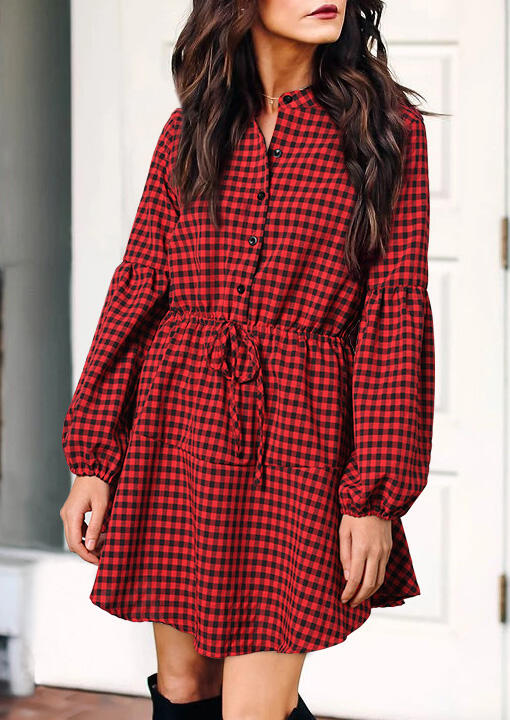 

Mini Dresses Plaid Lantern Sleeve Mini Dress without Necklace in Red. Size