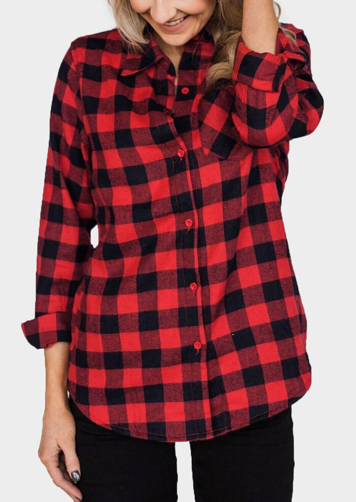 Shirts Plaid Pocket Turn-Down Collar Shirt in Multicolor. Size: L,M,S