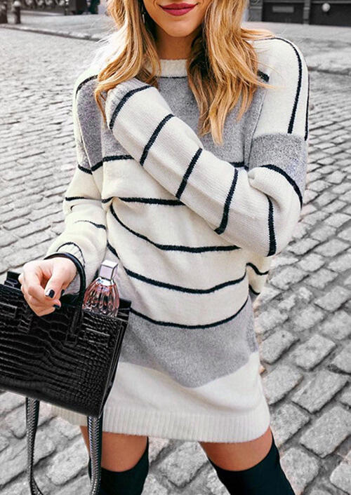 

Mini Dresses Striped Splicing Knitted Mini Dress - White. Size