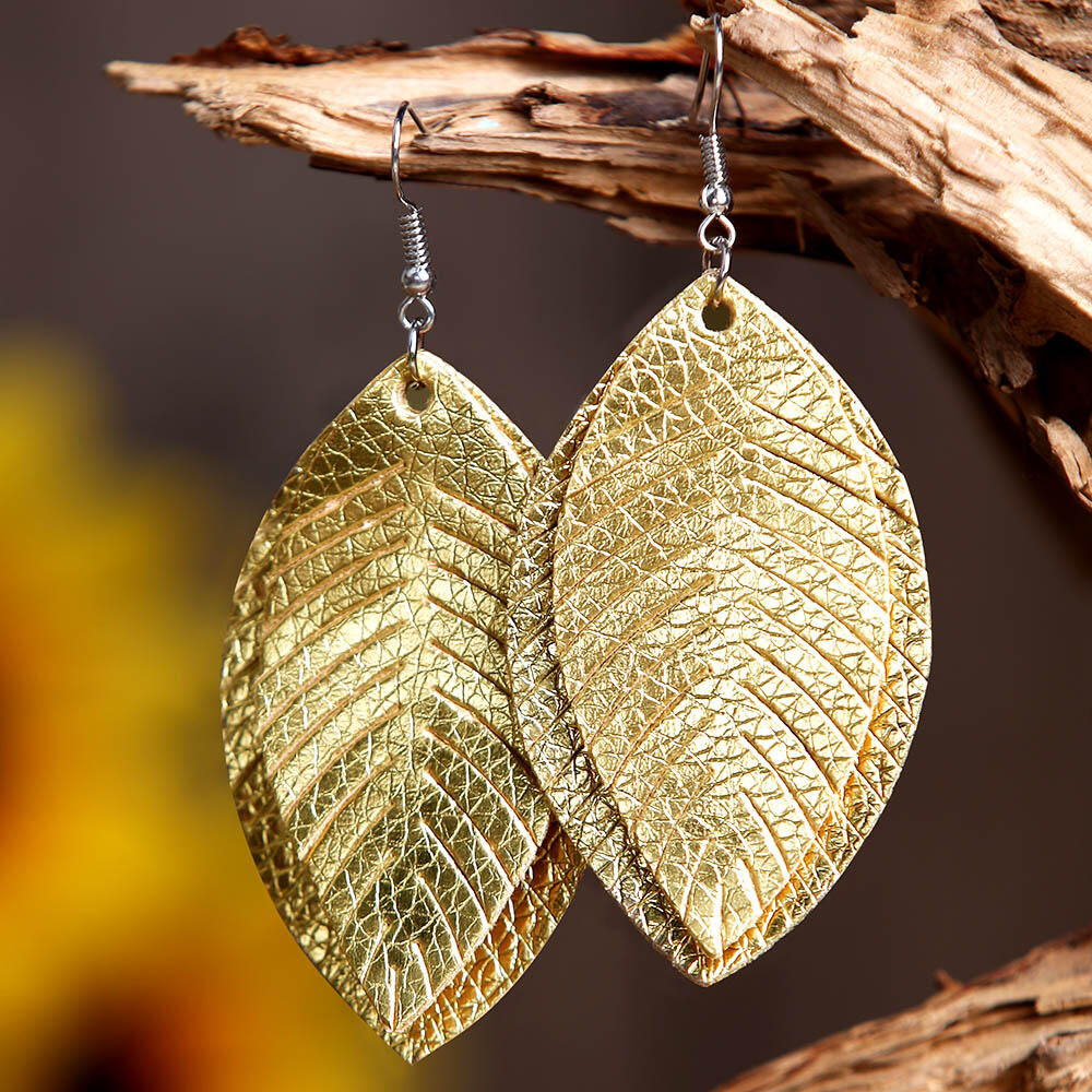 

Solid Leaf Dual-Layered Earrings, Gold;red, 459711