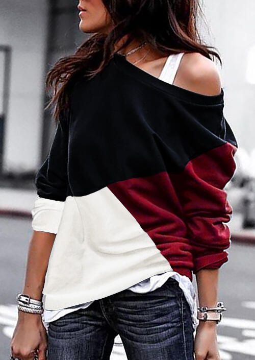 

Red White Black Color Block One Shoulder Blouse Top for Women