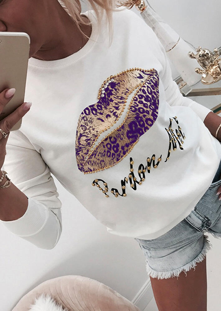 

Pardon Moi Leopard Print Splicing Lips Beads Sweatshirt - White