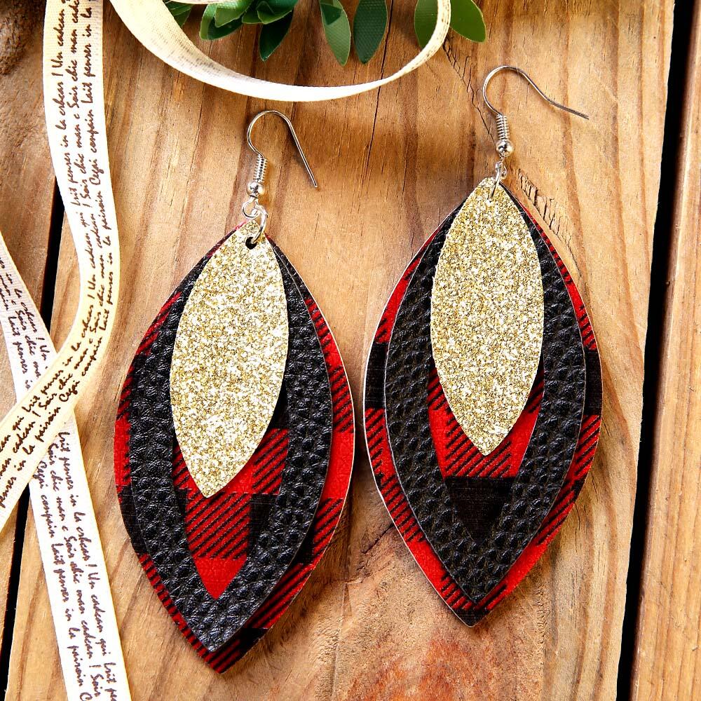 

Plaid Sequined Three-Layered Leather Earrings, Red, 459724
