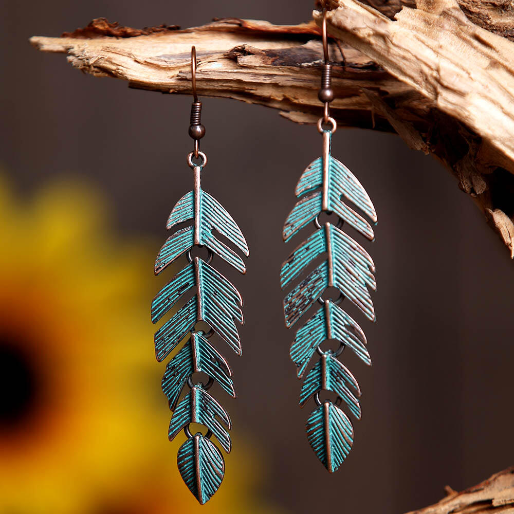 

Vintage Long Tassel Leaf Feather Pendant Earrings, Dark green;cyan, 459726