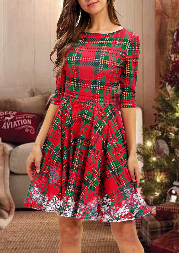 

Plaid Snowflake Splicing Mini Dress - Red, 459736