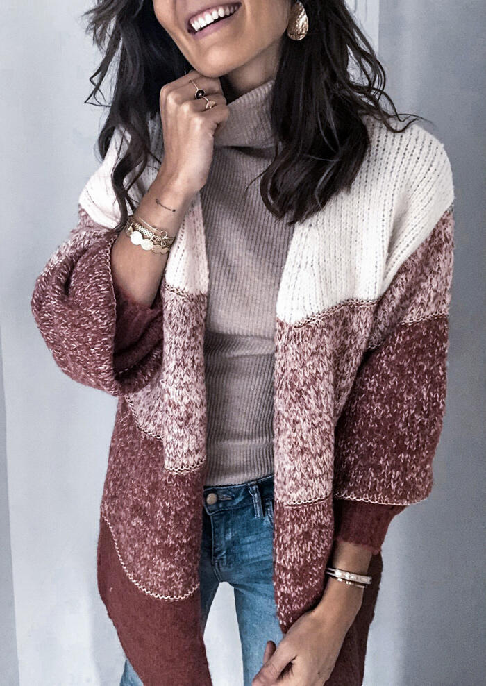 

Color Block Splicing Knitted Cardigan - Cameo Brown, 459778