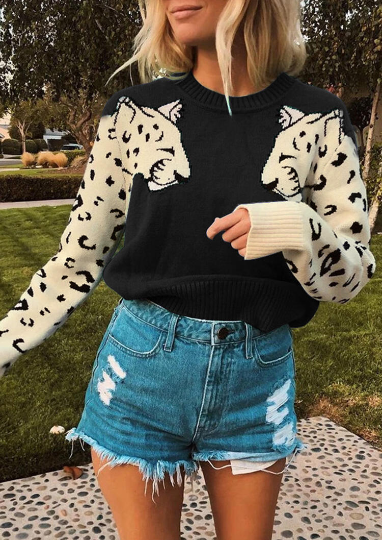 

Leopard Sleeves Leopard Printed Splicing Long Sleeve Sweater - Black