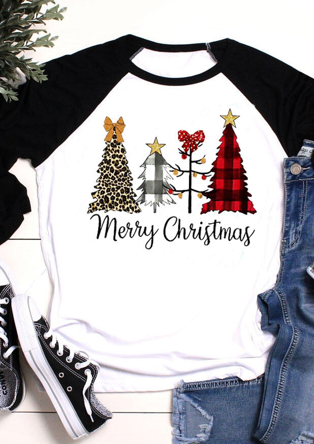 

Merry Christmas Leopard Plaid Printed Splicing T-Shirt Tee - White, 459800