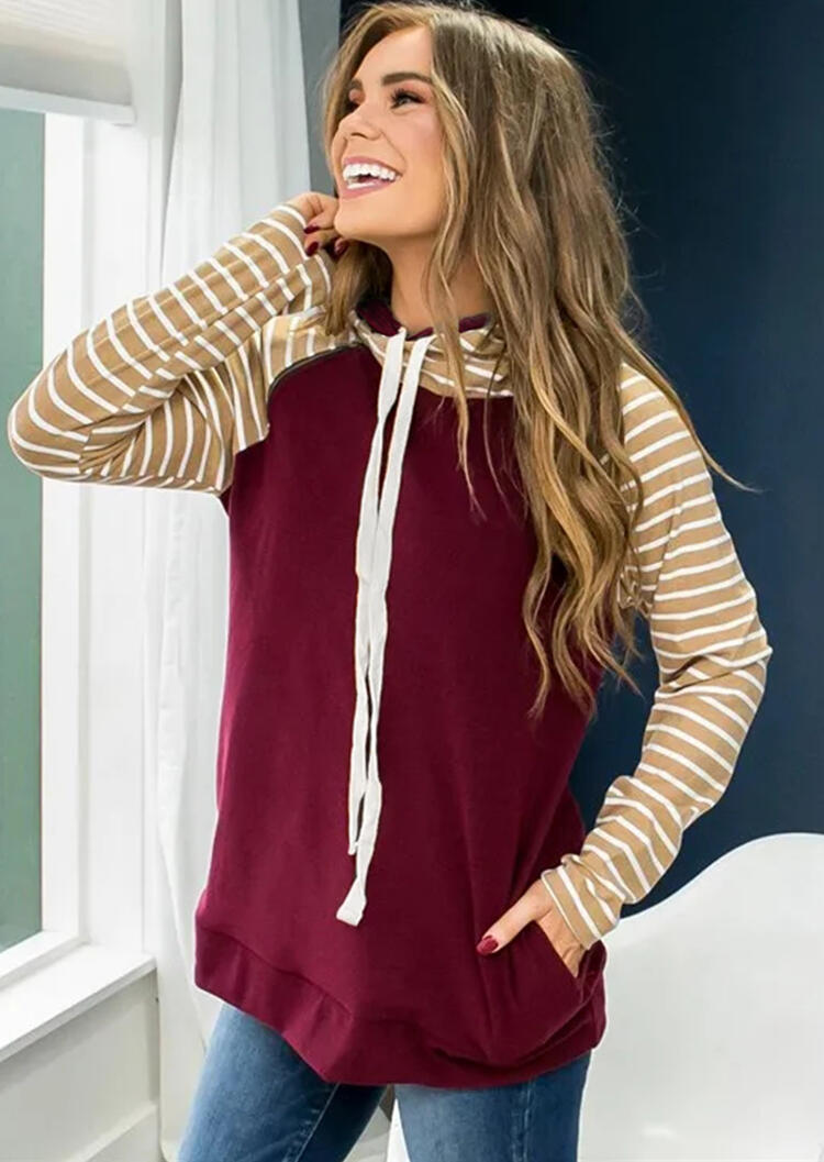 

Hoodies & Sweatshirts Striped Splicing Drawstring Pocket Hoodie - Burgundy. Size: ,M