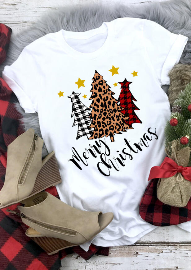 

Plaid Leopard Printed Merry Christmas Trees T-Shirt Tee - White, 459828