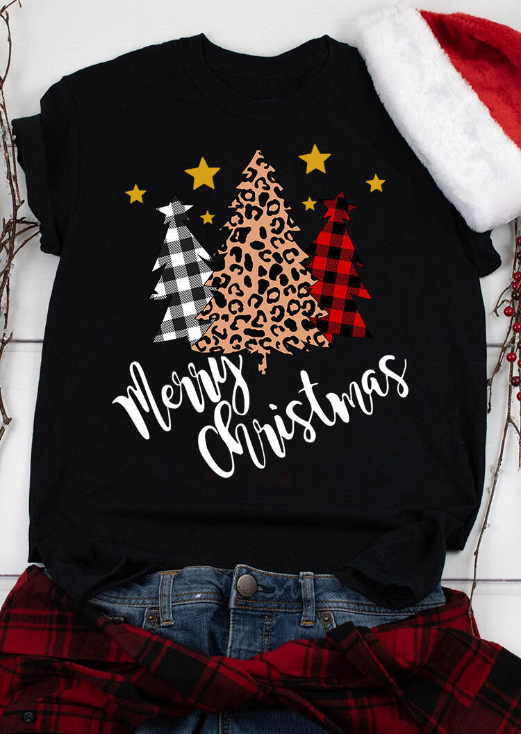 T-shirts Tees Plaid Leopard Printed Merry Christmas Trees T-Shirt Tee in Black. Size: S
