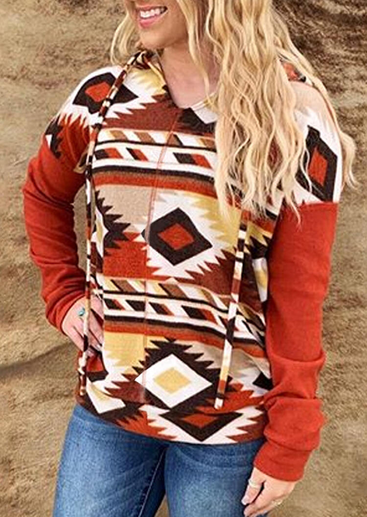 

Aztec Geometric Printed Drawstring Hoodie - Multicolor, 459721