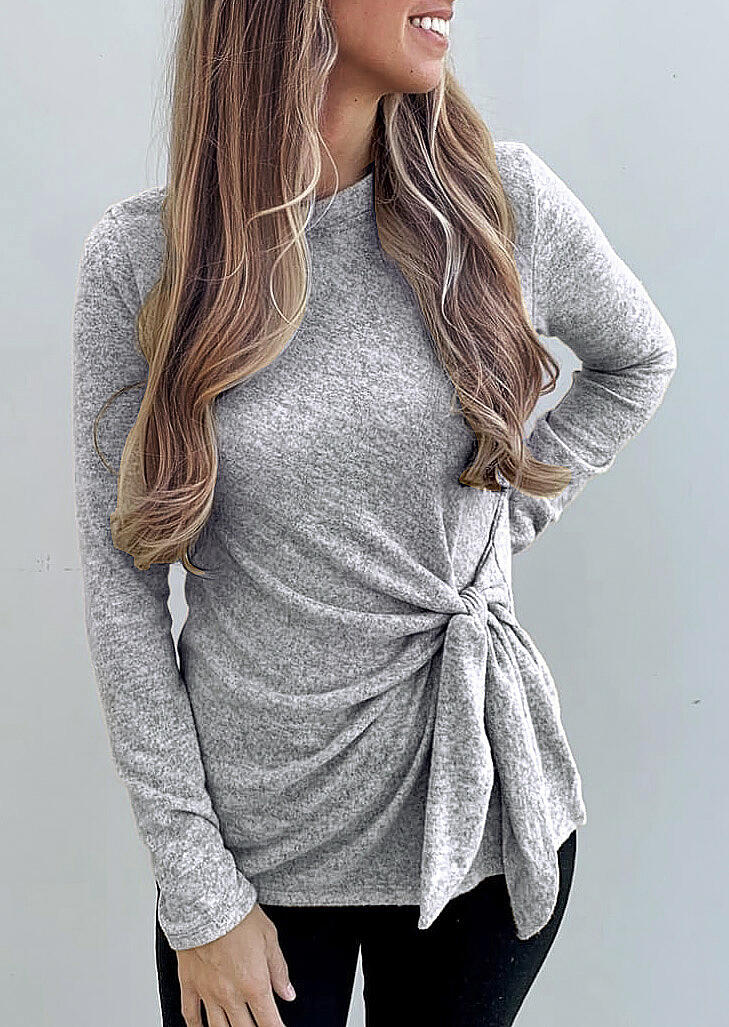 

O-Neck Long Sleeve Tie Blouse - Gray, 459793