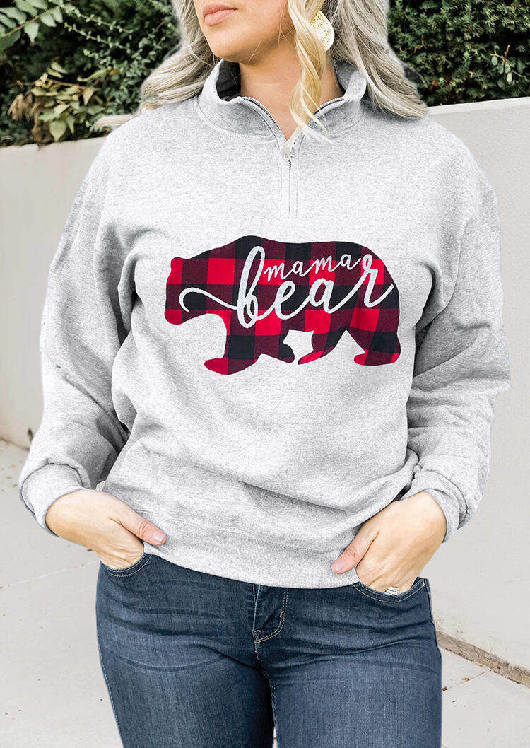 

Mama Bear Plaid Printed Splicing Zipper Sweatshirt - Gray, 459797