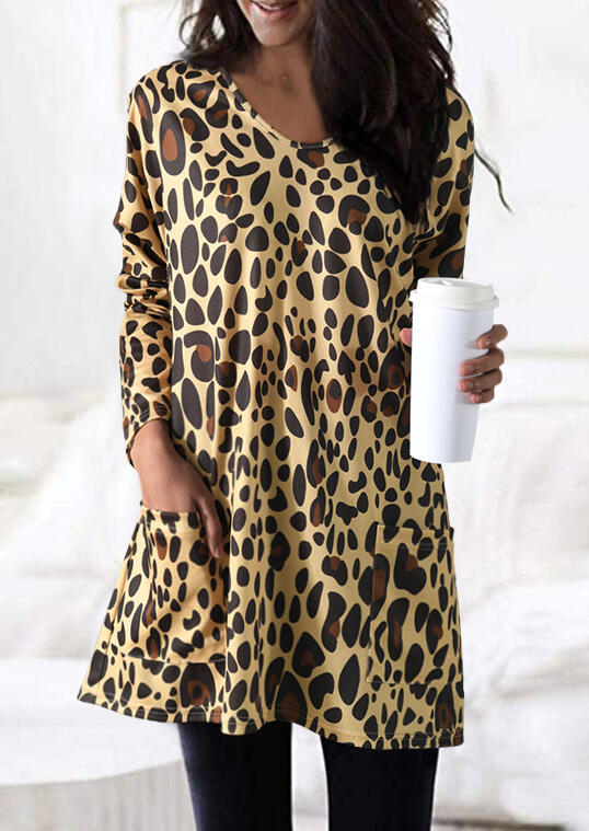 

Mini Dresses Leopard Printed Pocket O-Neck Mini Dress - Khaki. Size: S,M,,XL