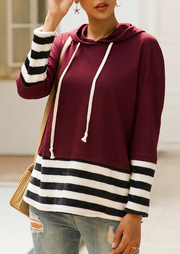 

Hoodies & Sweatshirts Striped Splicing Drawstring Hoodie - Burgundy. Size: S,M