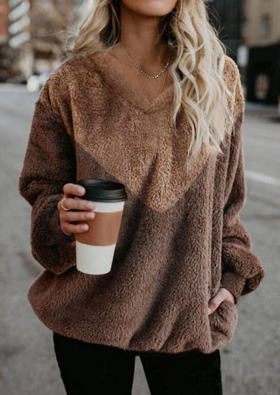 

Color Block Plush Blouse without Necklace - Brown, 459548
