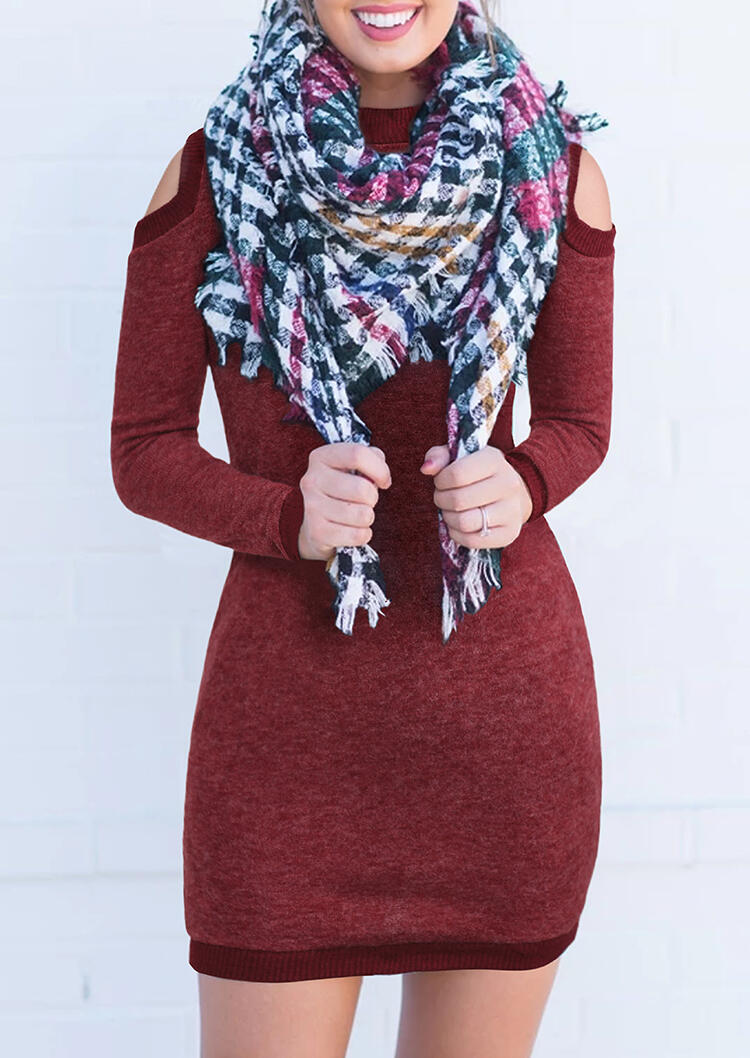 

Solid Cold Shoulder Bodycon Dress without Scarf - Burgundy, 459814