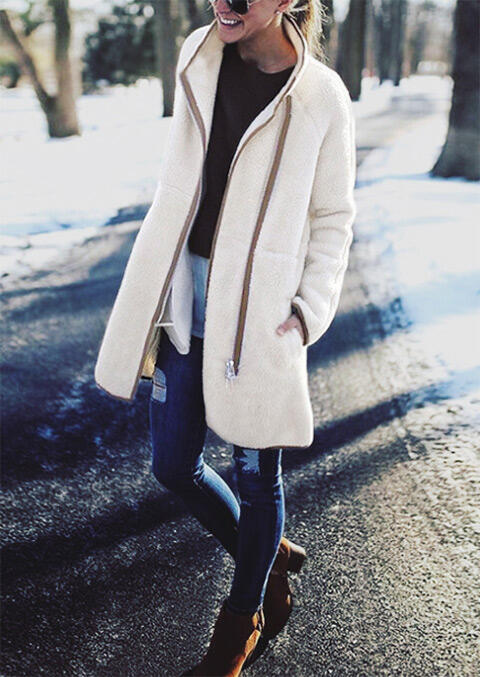

Coats Zipper Button Stand Collar Plush Coat - White. Size