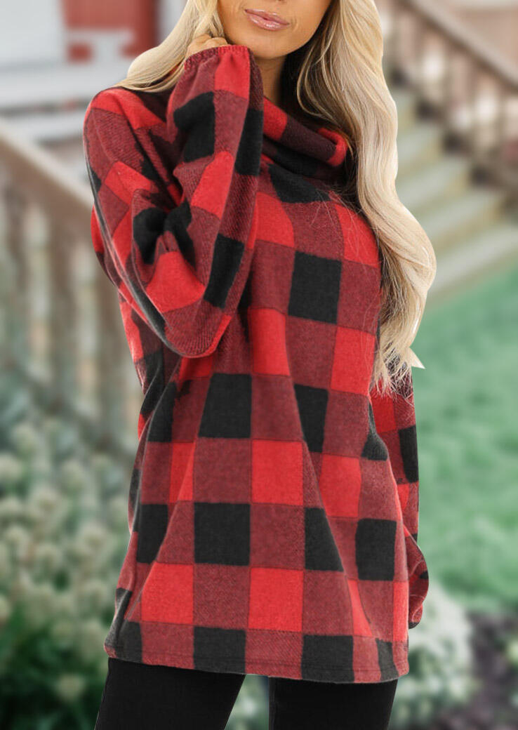 

Plaid Splicing Cowl Neck Blouse - Red, 459938