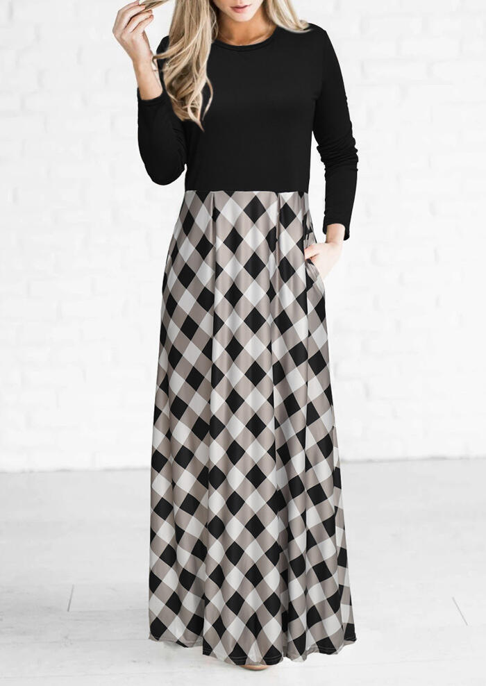 

Plaid Pocket Long Sleeve Maxi Dress - Black, 460052