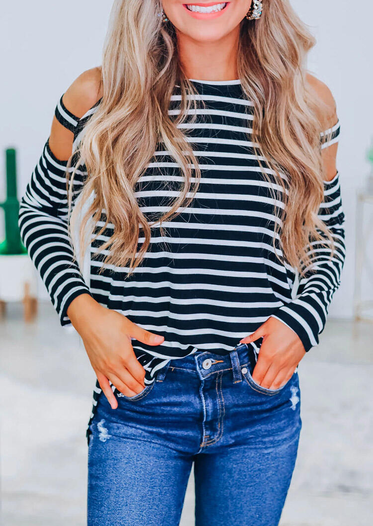 

Striped Hollow Out O-Neck Blouse, Stripe, 460059
