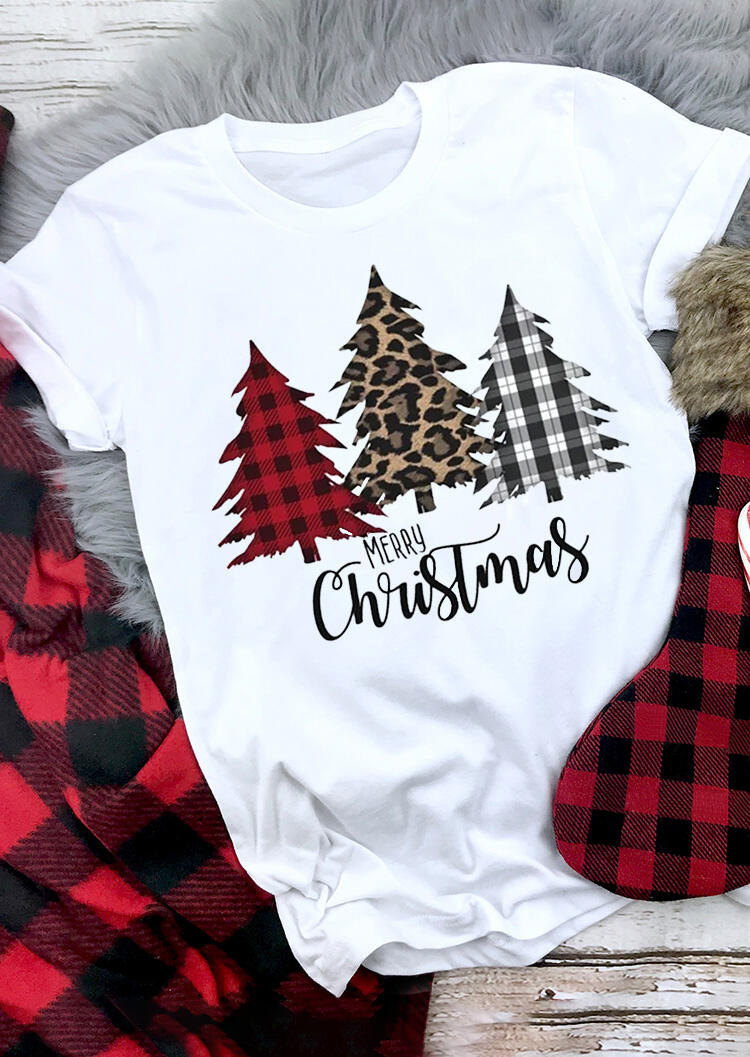 

Merry Christmas Plaid Leopard Printed Tree T-Shirt Tee - White, 460071