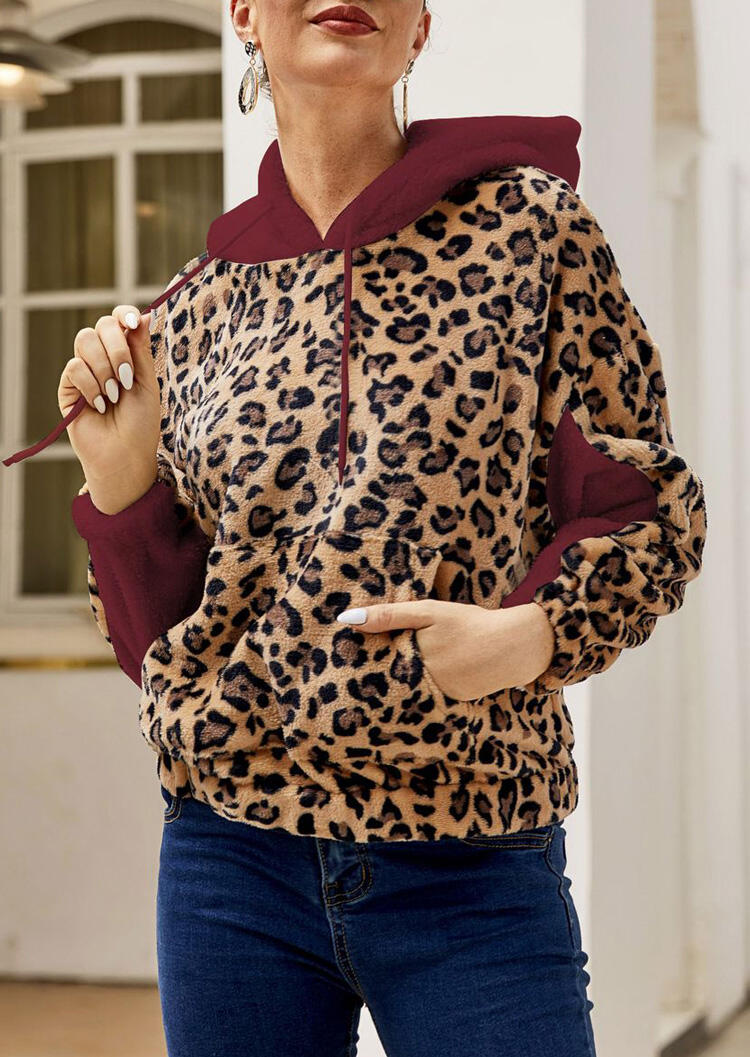 

Hoodies & Sweatshirts Leopard Printed Splicing Kangaroo Pocket Drawstring Hoodie. Size: S,M,,XL
