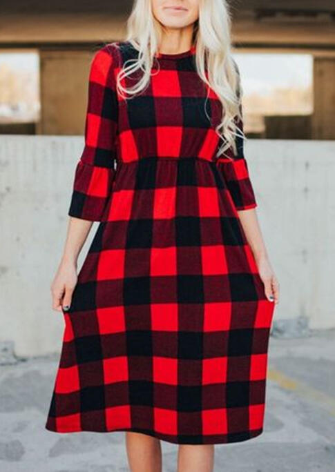 

Plaid Three Quarter Sleeve Casual Dress, 460087