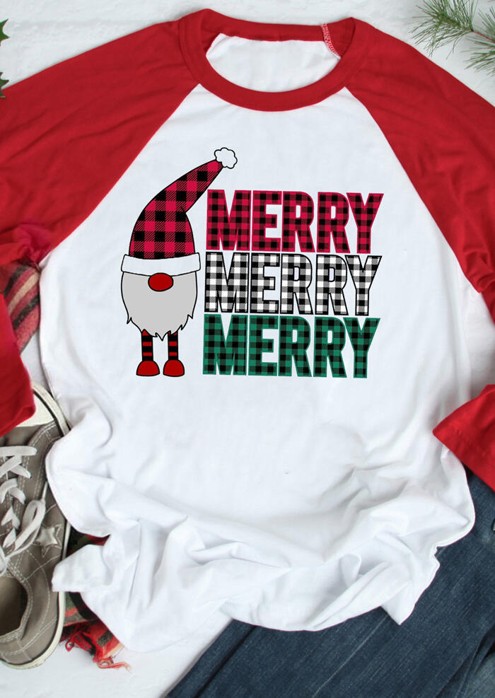 

T-shirts Tees Christmas Gnomie Plaid Merry O-Neck T-Shirt Tee in Red. Size