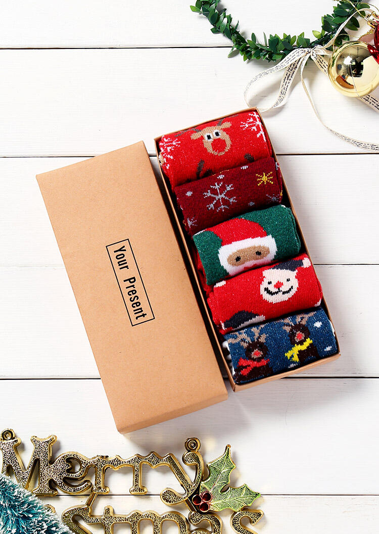 

5 Pairs Christmas Elk Santa Snowman Socks with Gift Box, Multicolor, 460107