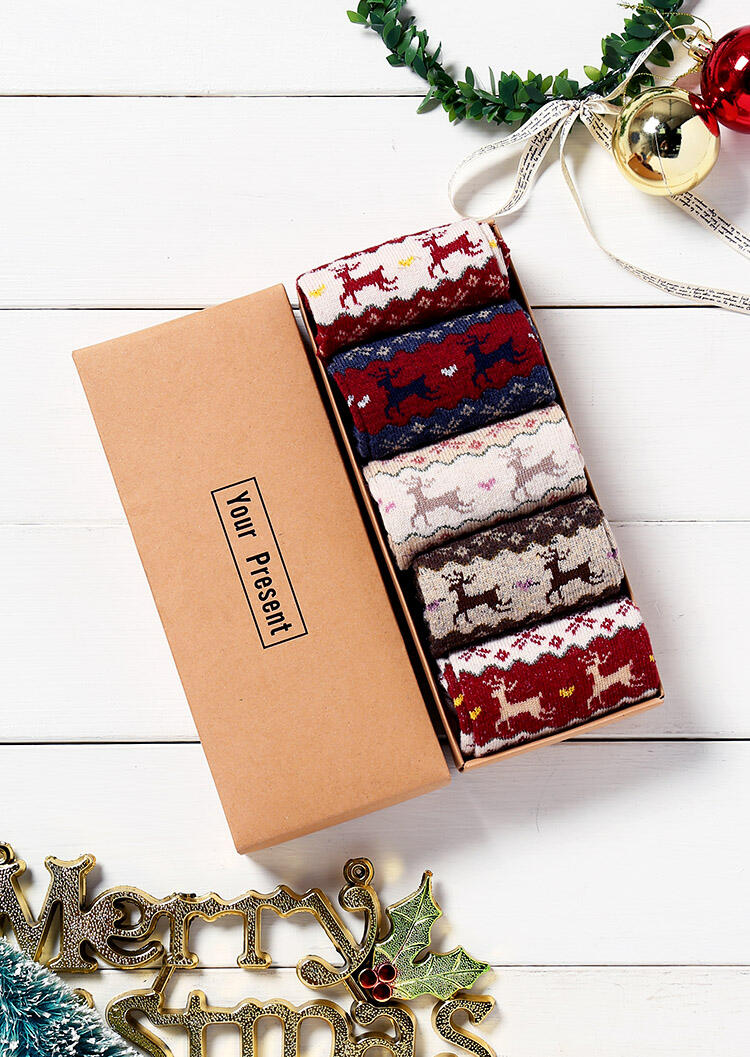 

Socks 5 Pairs Christmas Elk Thickened Warm Socks with Gift Box. Size, Multicolor