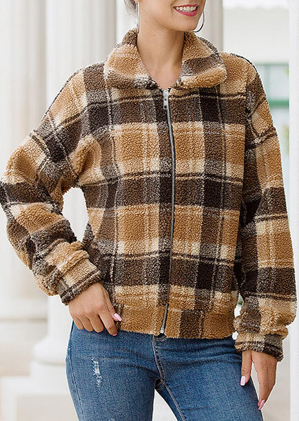 

Coats Plaid Printed Zipper Plush Coat - Brown. Size: M,,XL