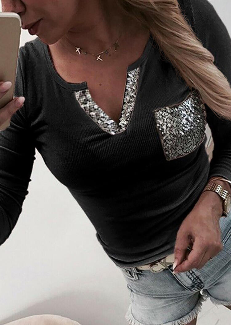

Blouses Sequined Pocket V-Neck Blouse without Necklace - Black. Size