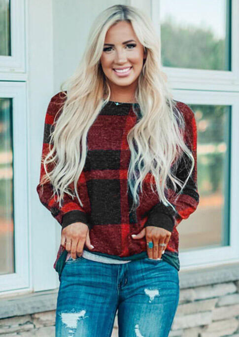 

Blouses Plaid Long Sleeve O-Neck Blouse without Necklace. Size: S,M,,XL