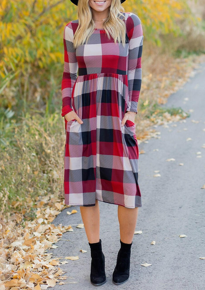

Plaid Splicing O-Neck Pocket Casual Dress without Necklace - Red, 460131