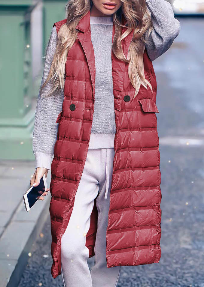 

Solid Button Pocket Sleeveless Padded Vest Coat with Polyfill - Red, 460137